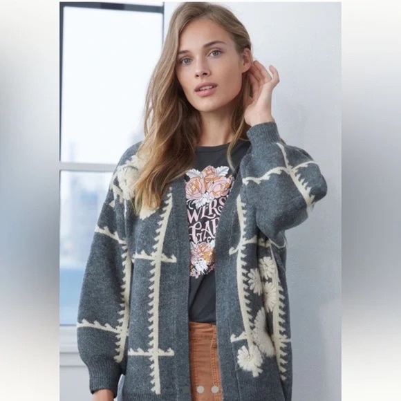 By Anthropologie One Size Gray Floral Catherine Open Front Cardigan Sweater Grey - Picture 1 of 8